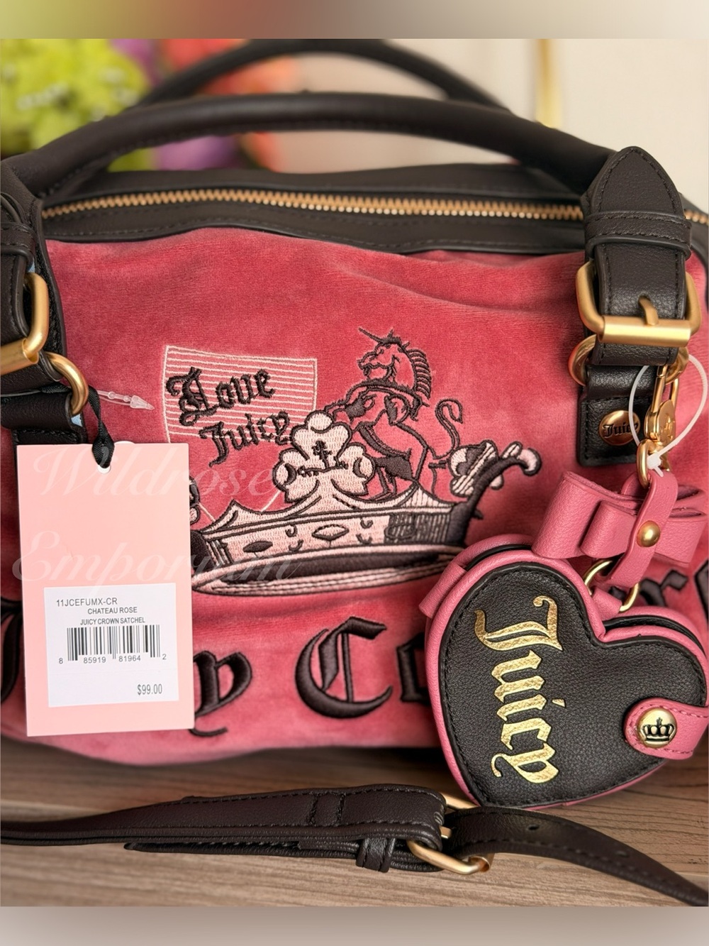 NWT JUICY COUTURE Daydreamer Scottie Dogs Velour Tote Chateau Rose/Chocolat - Picture 2 of 6